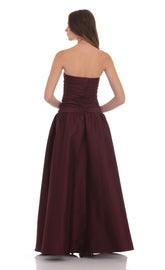 Cutout Drop Waist Strapless Maxi Dress in Wine